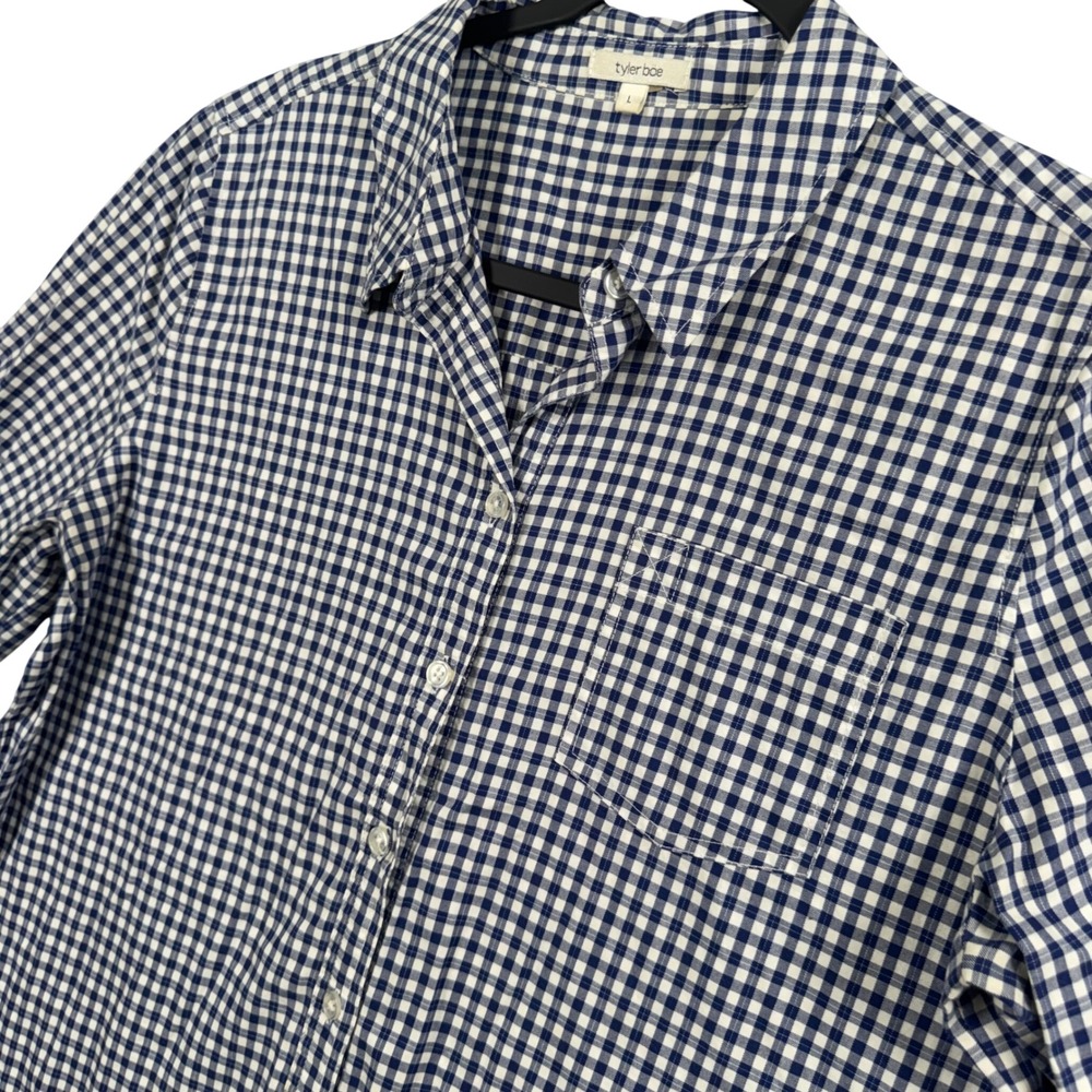 Tyler Boe Button Down Tunic Women L Blue White Gingham Preppy High Low Old Money - Picture 6 of 12